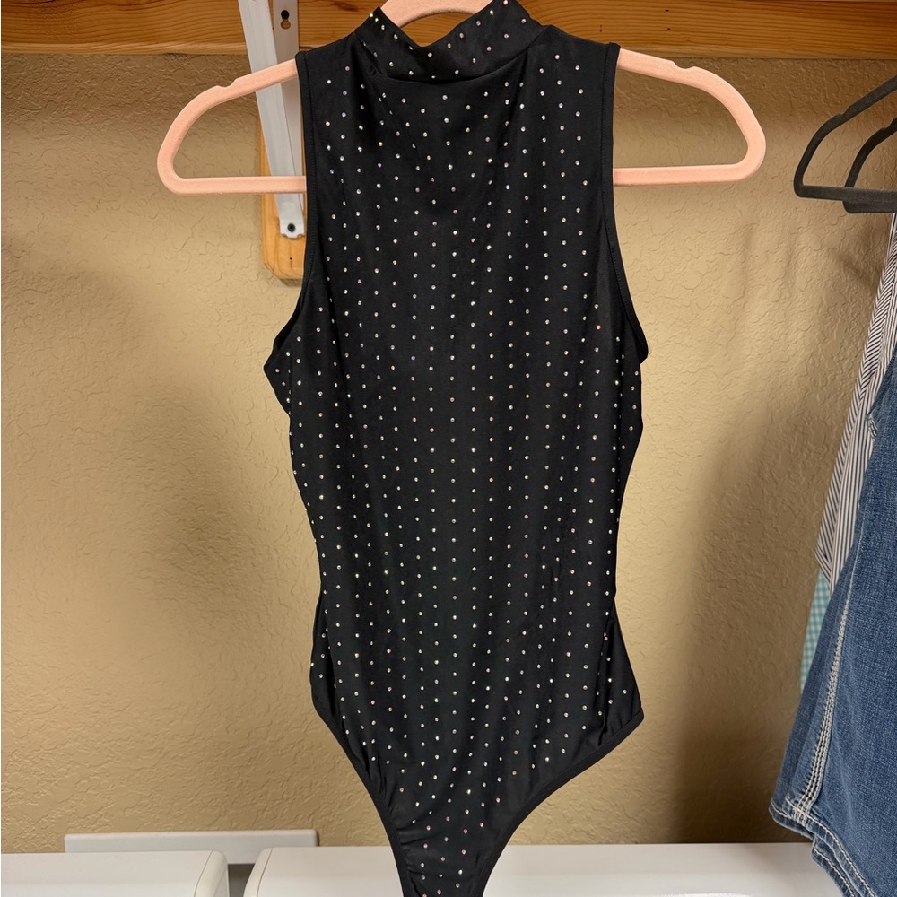 Charlotte Russe Black Rhinestone Studded Mock Neck Sleeveless Bodysuit